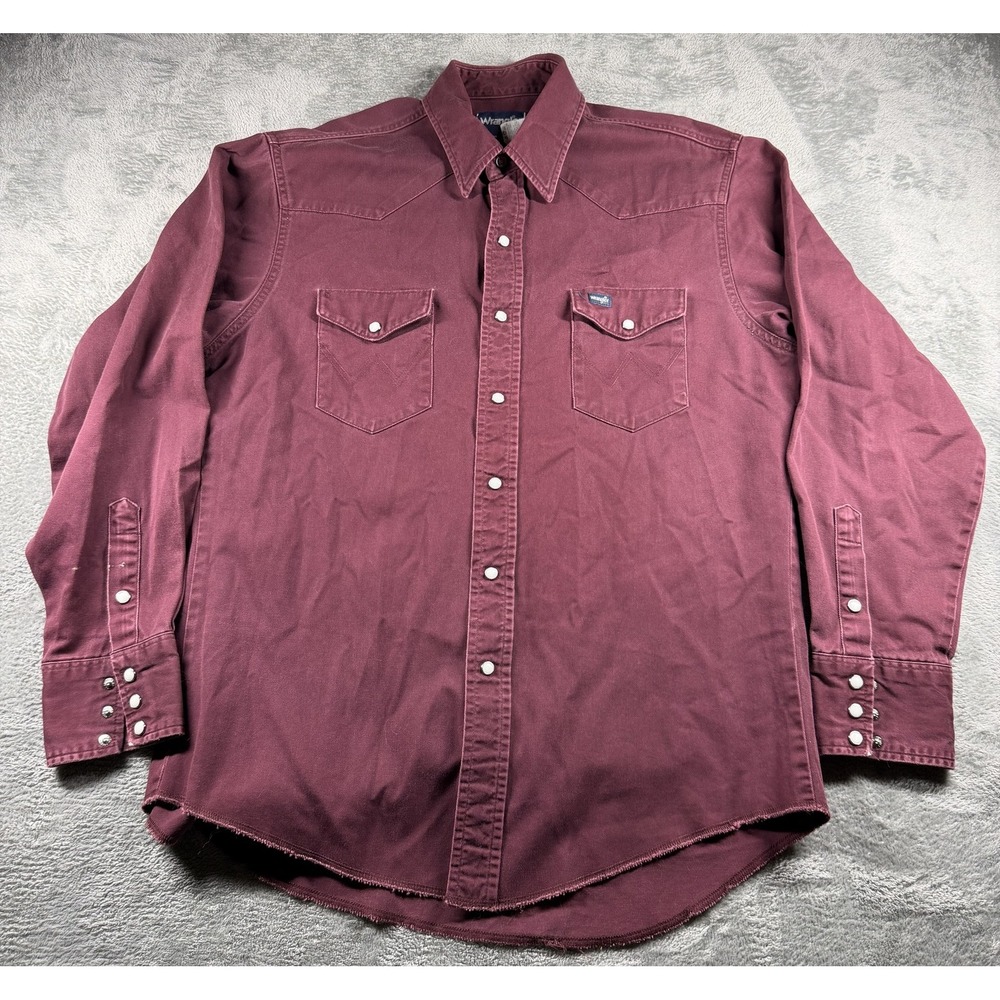 Vintage Wrangler Western Shirt Mens 16 1/2 x 35 Burgundy Cotton Pearl Snap